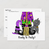 Witch, Cat en Spiderweb Cute Halloween Invitation Briefkaart (Voorkant / Achterkant)
