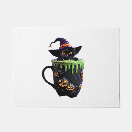 Witch Cat Halloween Coffee Mok – Schattigee zwarte Deurmat (Voorkant)