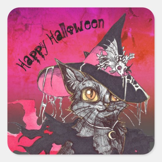Witch Cat Happy Halloween Vierkante Sticker (Voorkant)
