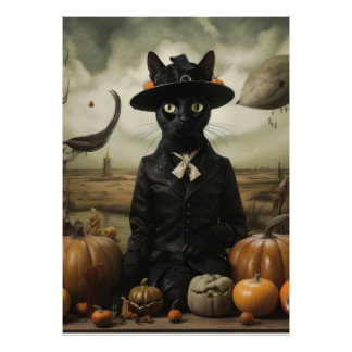 Witch Cat with Pumpkins Foto Afdruk
