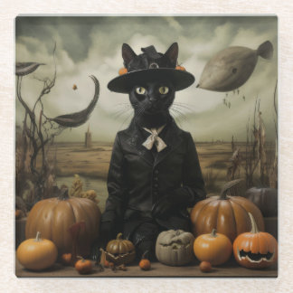 Witch Cat with Pumpkins  Glazen Onderzetter