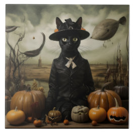 Witch Cat with Pumpkins  Tegeltje