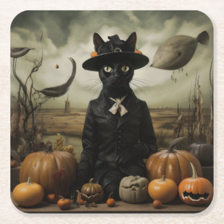 Witch Cat with Pumpkins  Vierkante Kartonnen Onderzetter