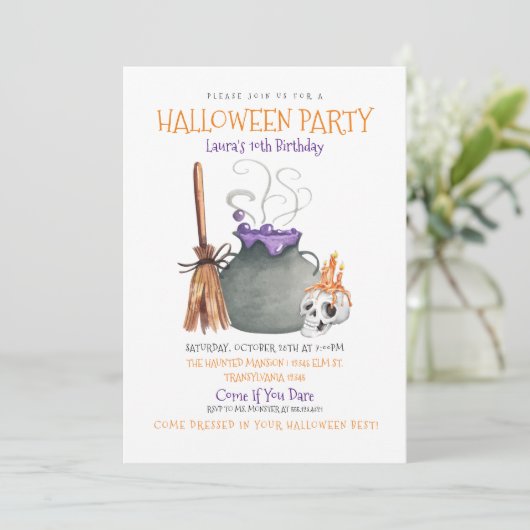 Witch Cauldron Halloween Birthday Uitnodiging (Staand voorkant)