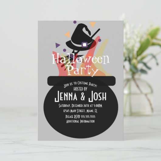 Witch Cauldron Spooky Halloween Costume Party Gray Kaart (Staand voorkant)