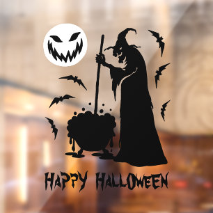 Witch cauldron vleermuizen en eng maan Happy Hallo Raamsticker