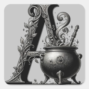 Witch Cauldron Witchy Letter Een Aangepast Initiaa Vierkante Sticker