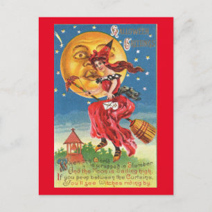 Witch en haar Broomstick Halloween Vintage Briefkaart