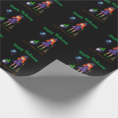 Witch en Spider Custom Name Black Halloween Cadeaupapier (Hoek)