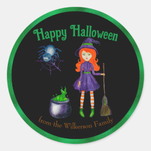 Witch en Spider Custom Name Black Halloween Ronde Sticker