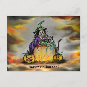Witch en zwarte kat, Happy Halloween! Briefkaart