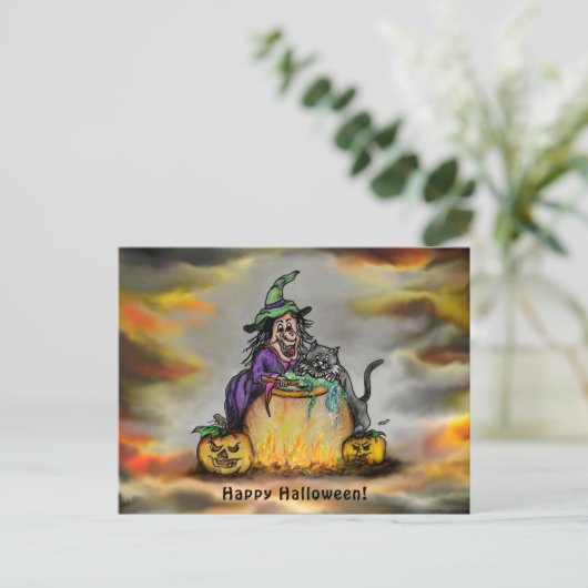 Witch en zwarte kat, Happy Halloween! Briefkaart (Staand voorkant)