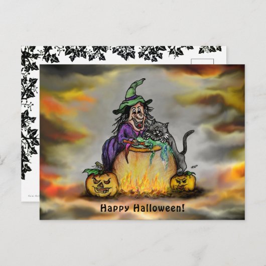 Witch en zwarte kat, Happy Halloween! Briefkaart (Voorkant / Achterkant)