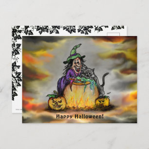 Witch en zwarte kat, Happy Halloween! Briefkaart