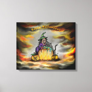 Witch en zwarte kat, Happy Halloween! Canvas Afdruk