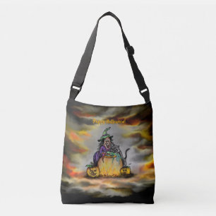 Witch en zwarte kat, Happy Halloween! Crossbody Tas