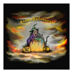 Witch en zwarte kat, Happy Halloween! Foto Afdruk