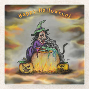 Witch en zwarte kat, Happy Halloween! Glazen Onderzetter