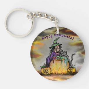 Witch en zwarte kat, Happy Halloween! Sleutelhanger