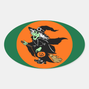 Witch Flying Halloween Cartoon Ovale Sticker