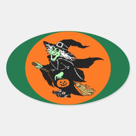 Witch Flying Halloween Cartoon Ovale Sticker (Voorkant)