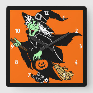 Witch Flying Halloween Cartoon Wall klok
