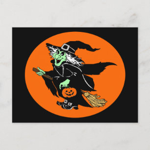 Witch Flying Halloween Oval Cartoon Briefkaart