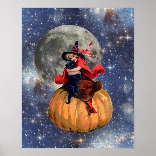 Witch Girl en Cat Moon Halloween Poster (Voorkant)