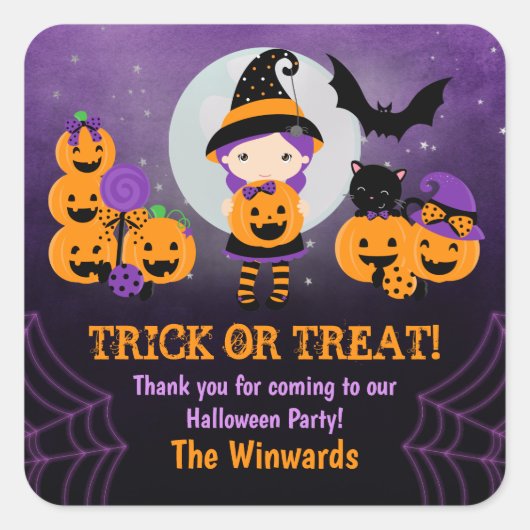 Witch Girl Pumpkins Halloween Party Vierkante Sticker (Voorkant)