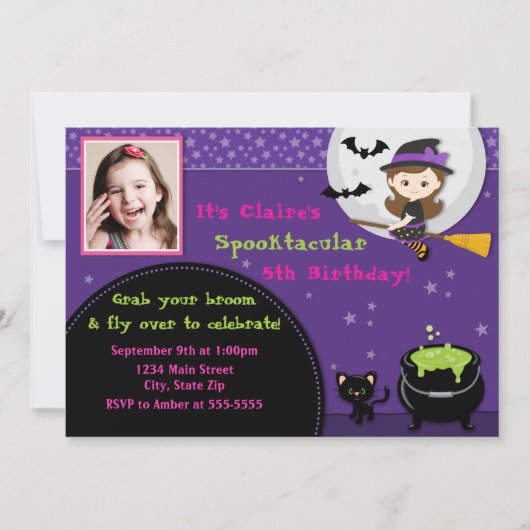 Witch Halloween Birthday Invitation Brunette Kaart (Voorkant)