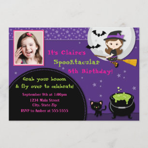 Witch Halloween Birthday Invitation Brunette Kaart