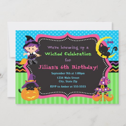 Witch Halloween Birthday Party Invitation Kaart (Voorkant)
