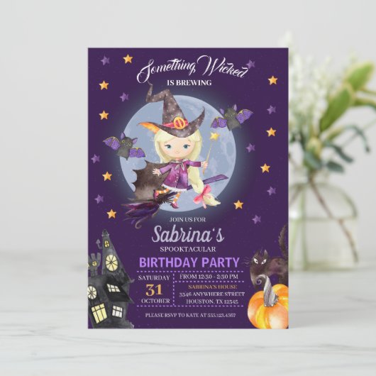 Witch Halloween Kids Birthday Party Invitation Kaart (Staand voorkant)