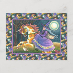 WITCH & HALLOWEEN UNICORN, BLACK CAT Fantasy Horse Feestdagenkaart