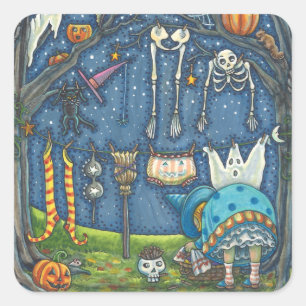 WITCH HANGT HAAR ZWARTE KAT, GHOST, SKELLY LAUNDRY VIERKANTE STICKER