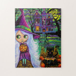 Witch Haunted Tree House Black Cat Halloween Legpuzzel