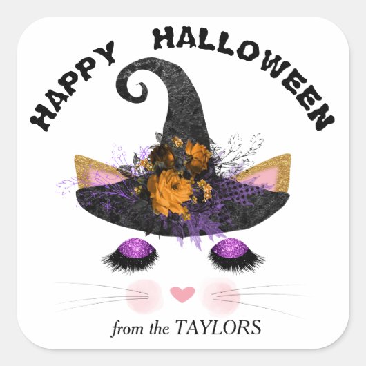Witch Kat Face Halloween Vierkante Sticker (Voorkant)