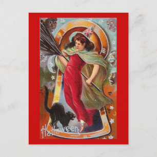 Witch Keyhole Zwarte Kat Halloween Vintage Briefkaart