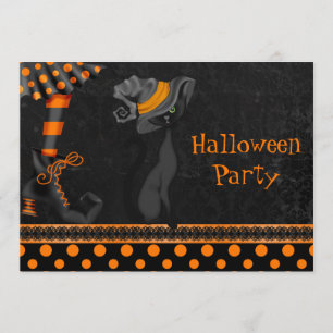 Witch Legs en Cute Cat Halloween Party Kaart