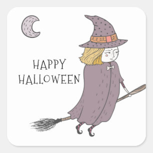 Witch on Flying Broomstick Happy Halloween Vierkante Sticker