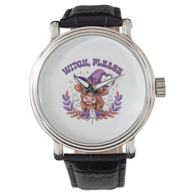 Witch Please Highland Cow Halloween Horloge (Voorkant)