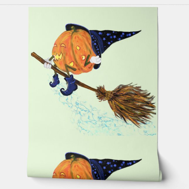 Witch Pompoen Vliegen met Broom Grappig Halloween Behang (Afrollen)
