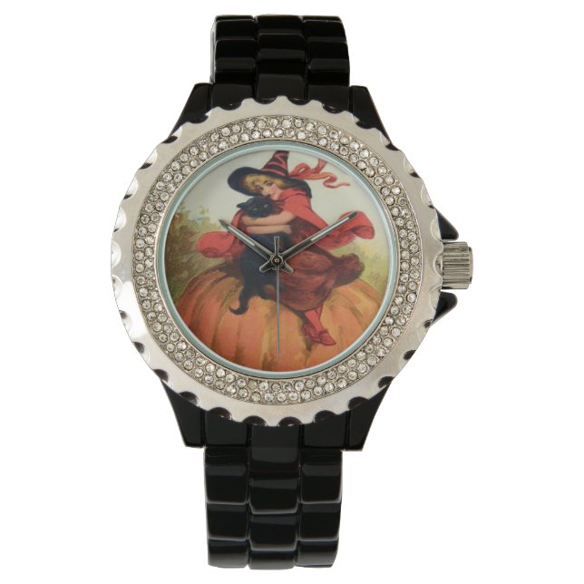 Witch Pompoen Zwart Kat  Halloween Horloge (Voorkant)