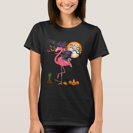 Witch Riding Flamingo Grappige Halloween Horror Ca T-shirt (Voorkant)