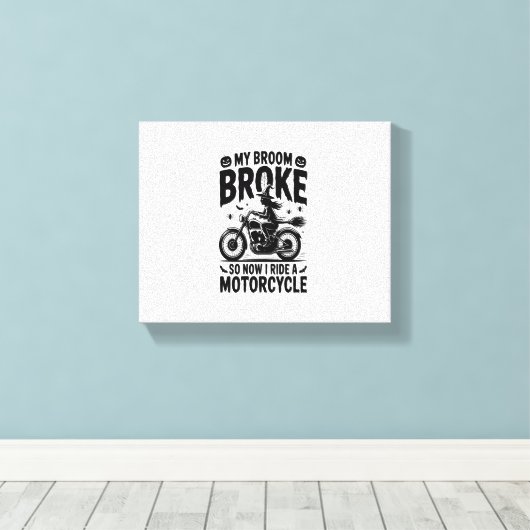 Witch Riding Motorcycle Halloween Canvas Afdruk (Insitu (Houten vloer))