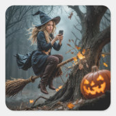 Witch Texting While Flying On a Broom Vierkante Sticker (Voorkant)