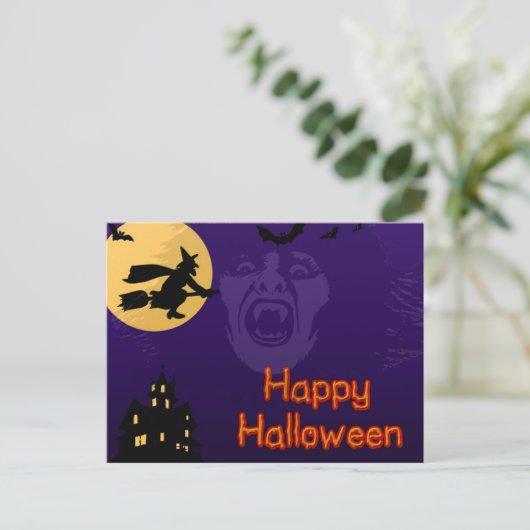 Witch, Vampire en Briefkaart met haunted House (Staand voorkant)