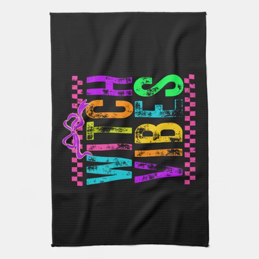 Witch Vibes Halloween Neon Checkered Bow Theedoek (Verticaal)