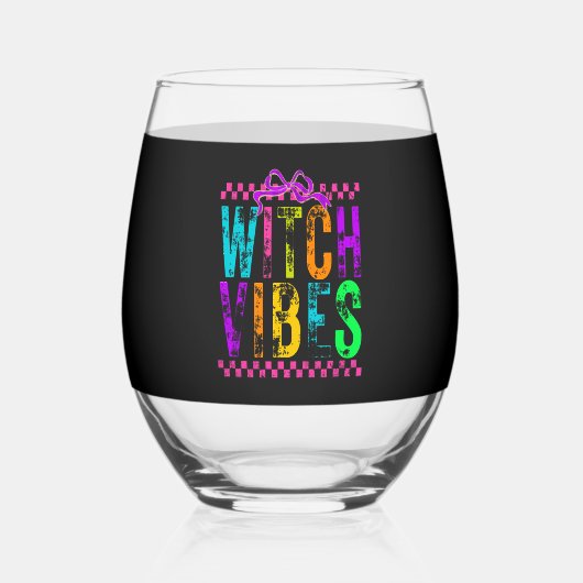 Witch Vibes Halloween Neon Checkered Bow Wijnglas Zonder Voet (Voorkant)