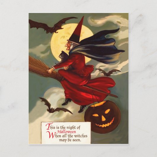 Witch vliegt op haar bezemkamer in Halloween night Briefkaart (Voorkant)
